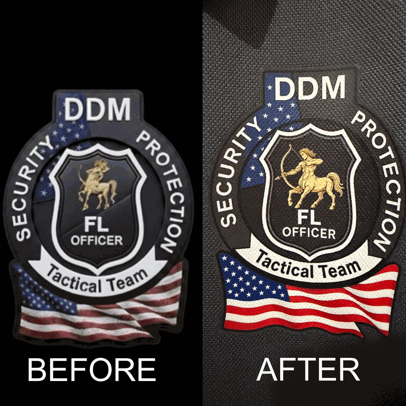 Antes y después: parche DTF de seguridad DDM con alta definición